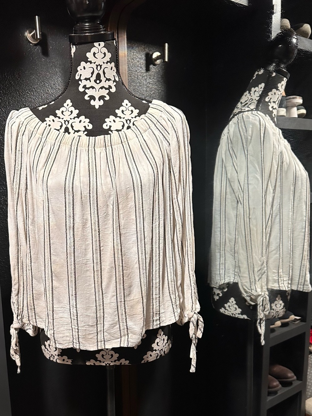 Maven West Cream and Black Striped Off-Shoulder peasant Blouse size medium